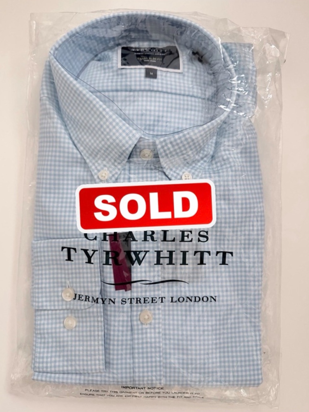 Charles Tyrwhitt Mens Sky Gingham Medium Non Iron Extra Slim Fit Dress Shirt NWT